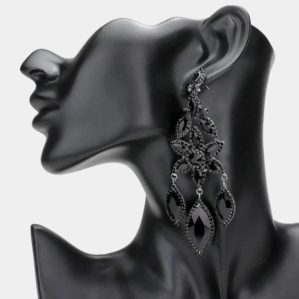 Black Flower Accented Triple Marquise Stone Link Dangle Evening Earrings - Jewelry Store by Erik Rayo