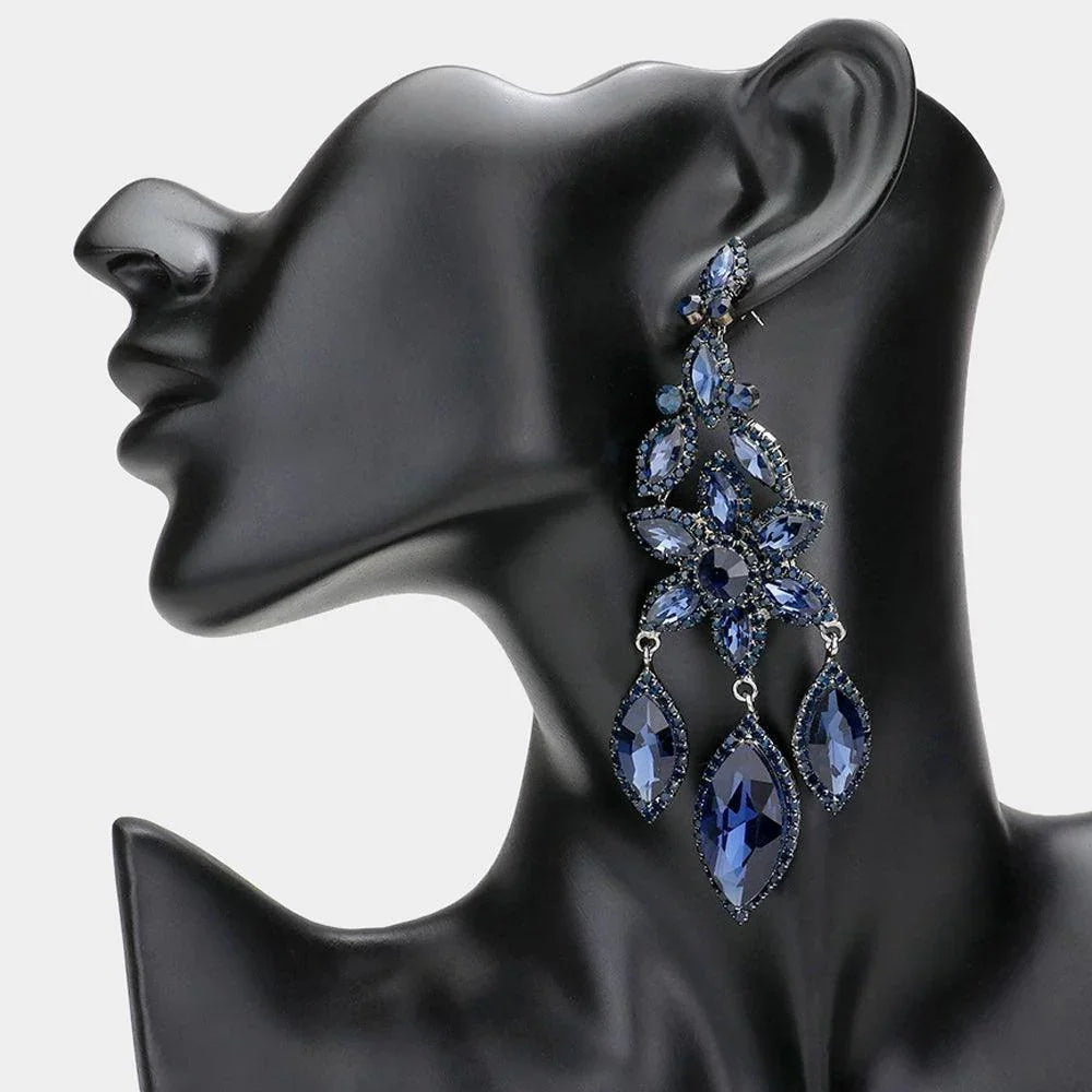 Blue Flower Accented Triple Marquise Stone Link Dangle Evening Earrings - Jewelry Store by Erik Rayo