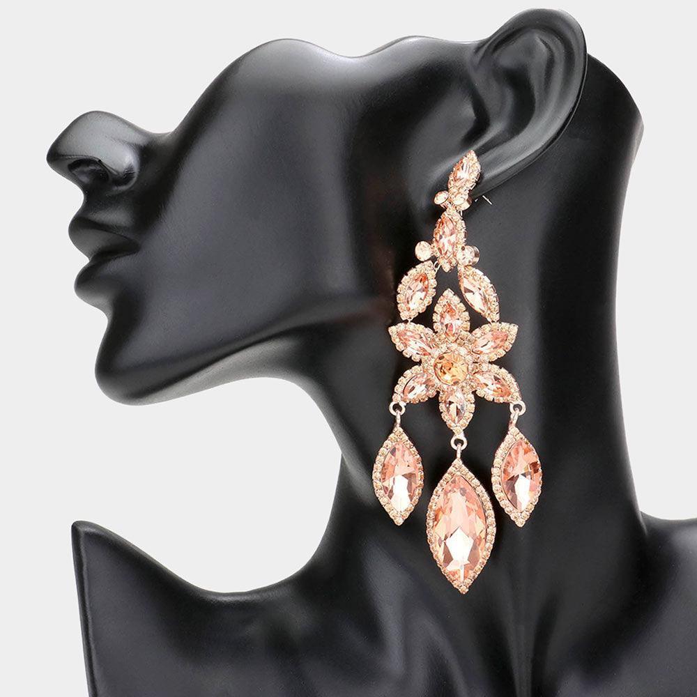 Flower Accented Triple Marquise Stone Link Dangle Evening Earrings - Jewelry Store by Erik Rayo