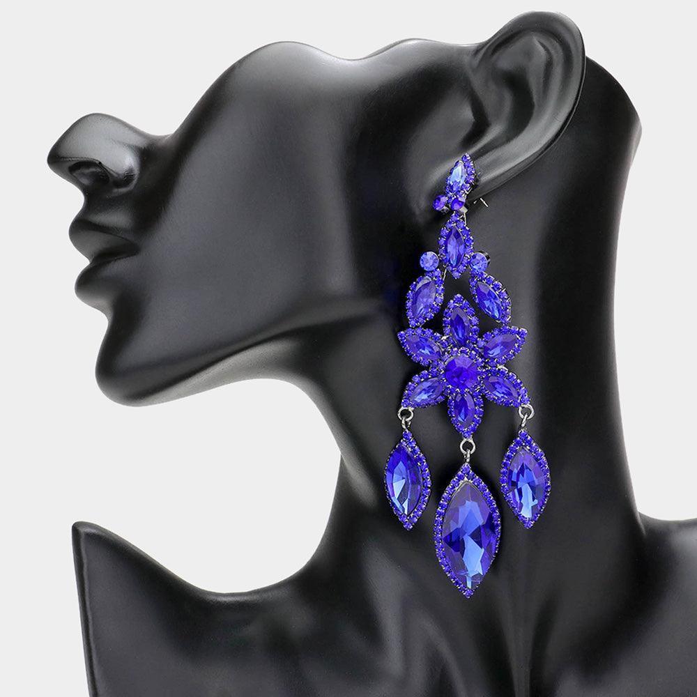 Blue Flower Accented Triple Marquise Stone Link Dangle Evening Earrings - Jewelry Store by Erik Rayo