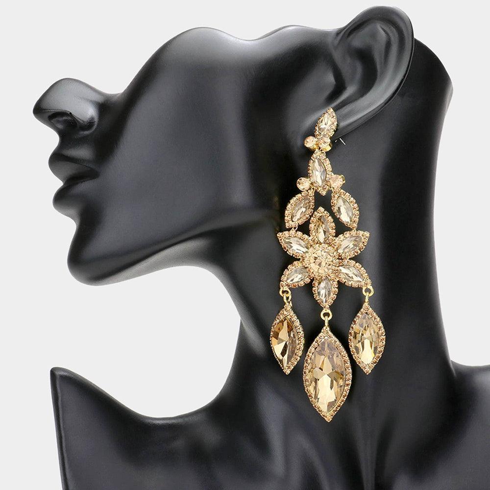 Flower Accented Triple Marquise Stone Link Dangle Evening Earrings - Jewelry Store by Erik Rayo