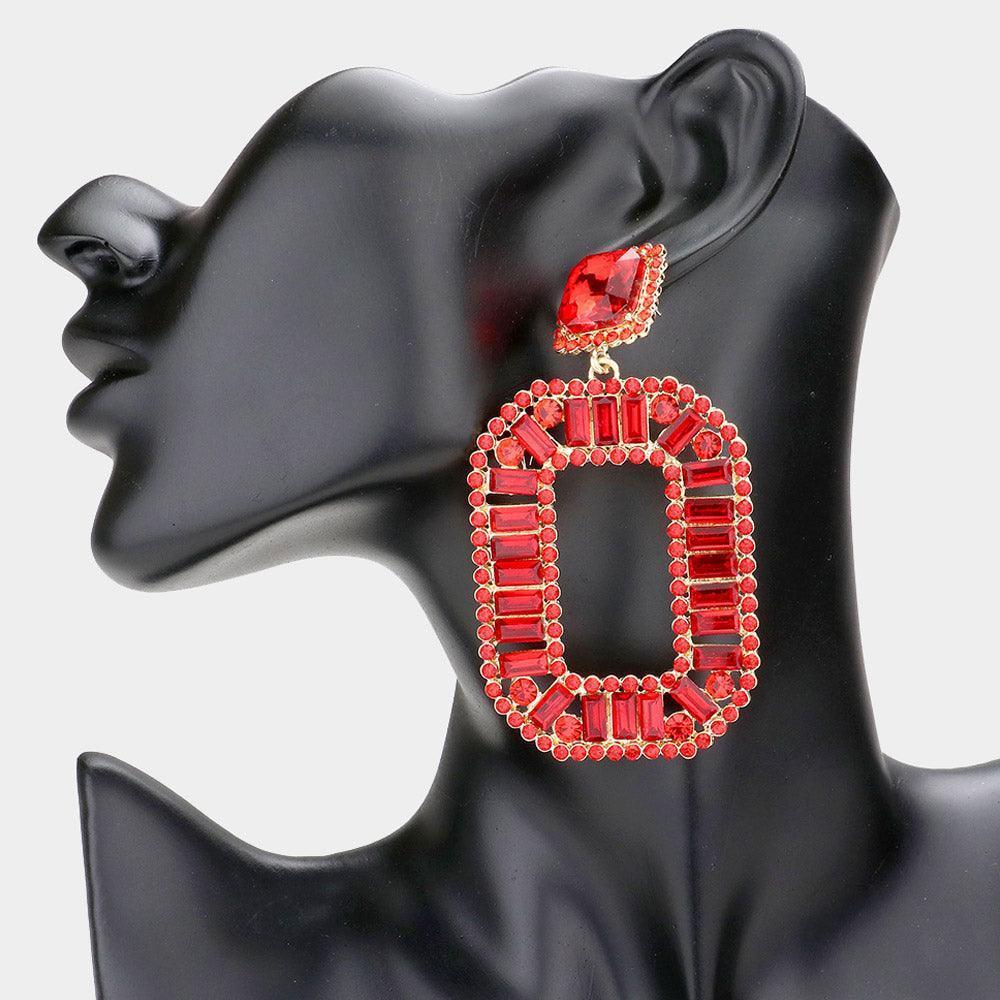 Red Round Rectangle Stone Cluster Open Octagon Dangle Evening Earrings - Jewelry Store by Erik Rayo