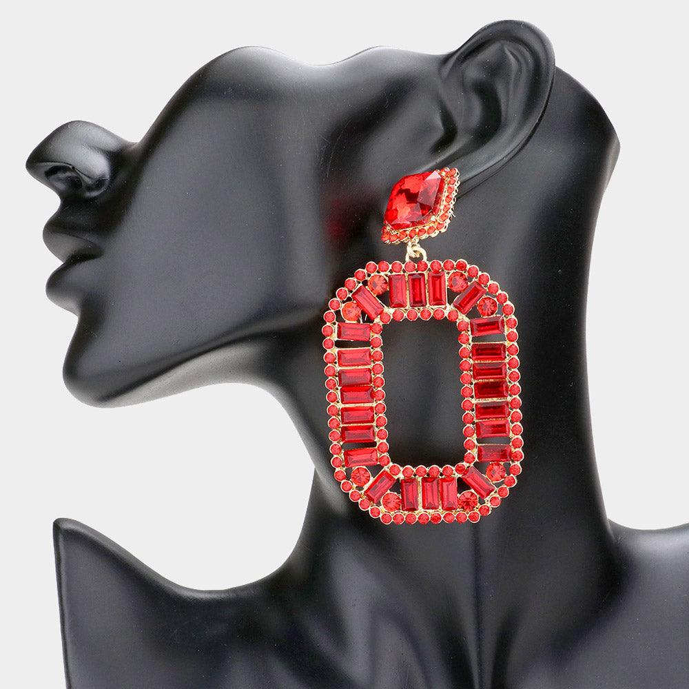 Red Round Rectangle Stone Cluster Open Octagon Dangle Evening Earrings