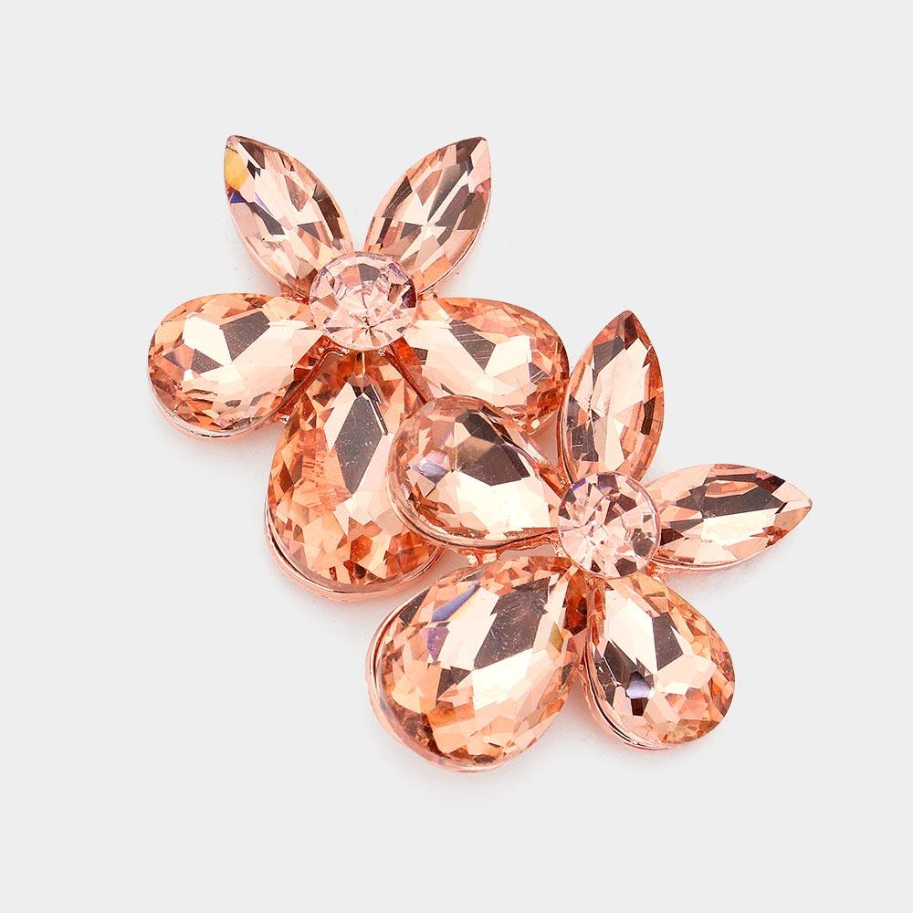 Rose Gold Teardrop Marquise Stone Cluster Flower Evening Earrings