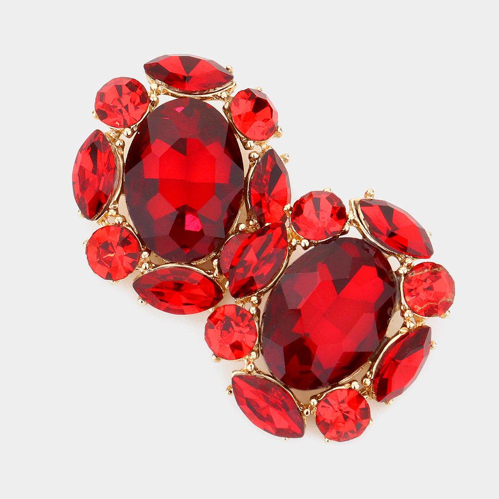 Red Multi Stone Cluster Oval Evening Earrings