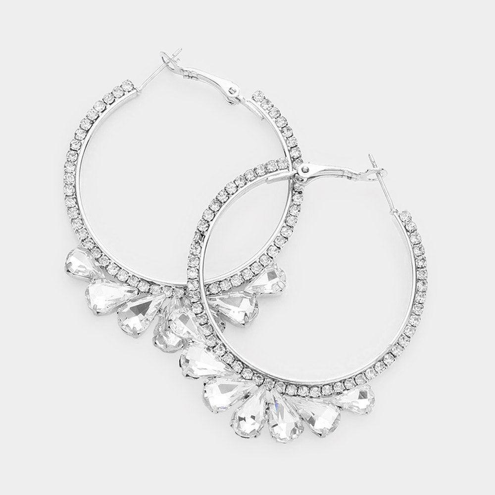 Silver Teardrop Stone Accented Hoop Evening Earrings - Jewelry Store by Erik Rayo