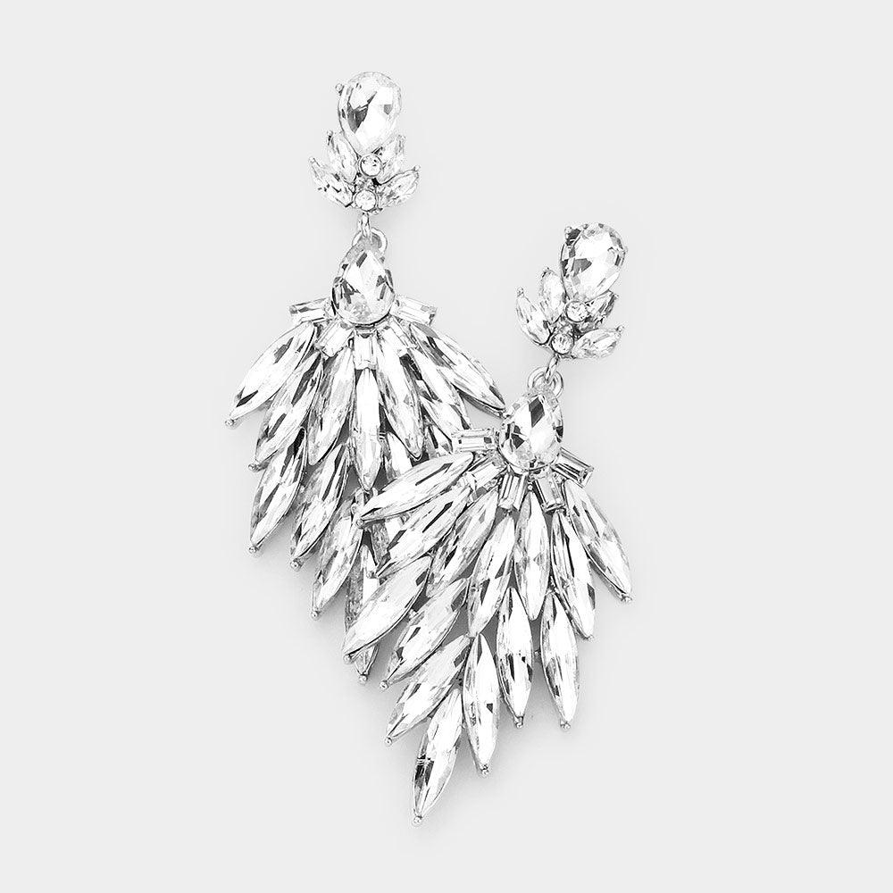 Silver Marquise Stone Cluster Dangle Evening Earrings