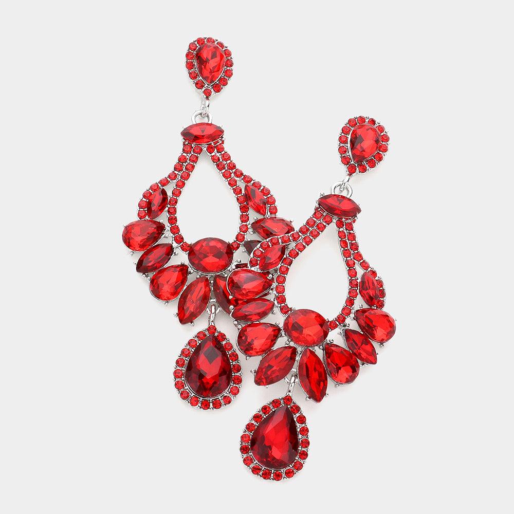 Red Multi Stone Cluster Dangle Evening Earrings