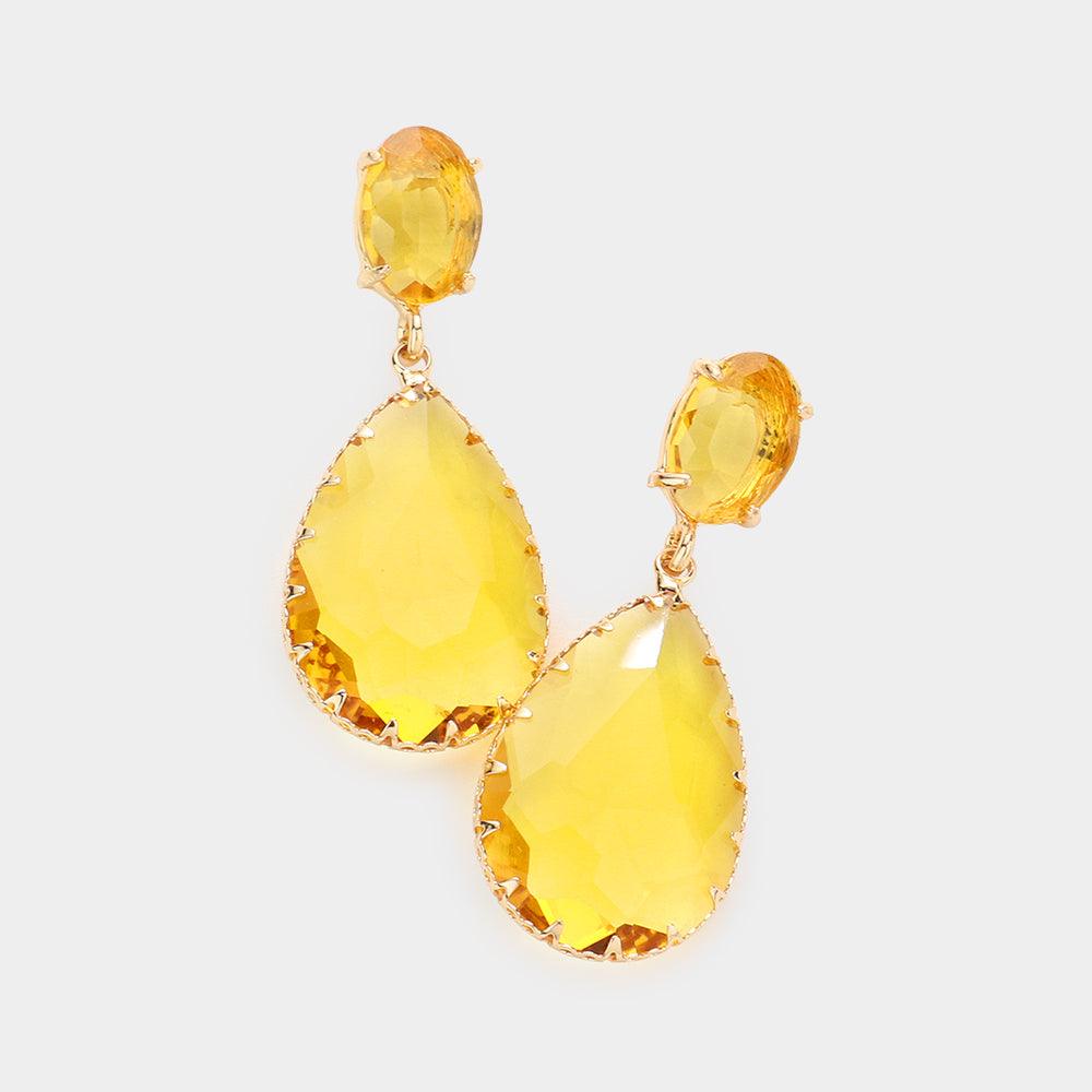 Yellow Oval Teardrop Stone Link Dangle Evening Earrings