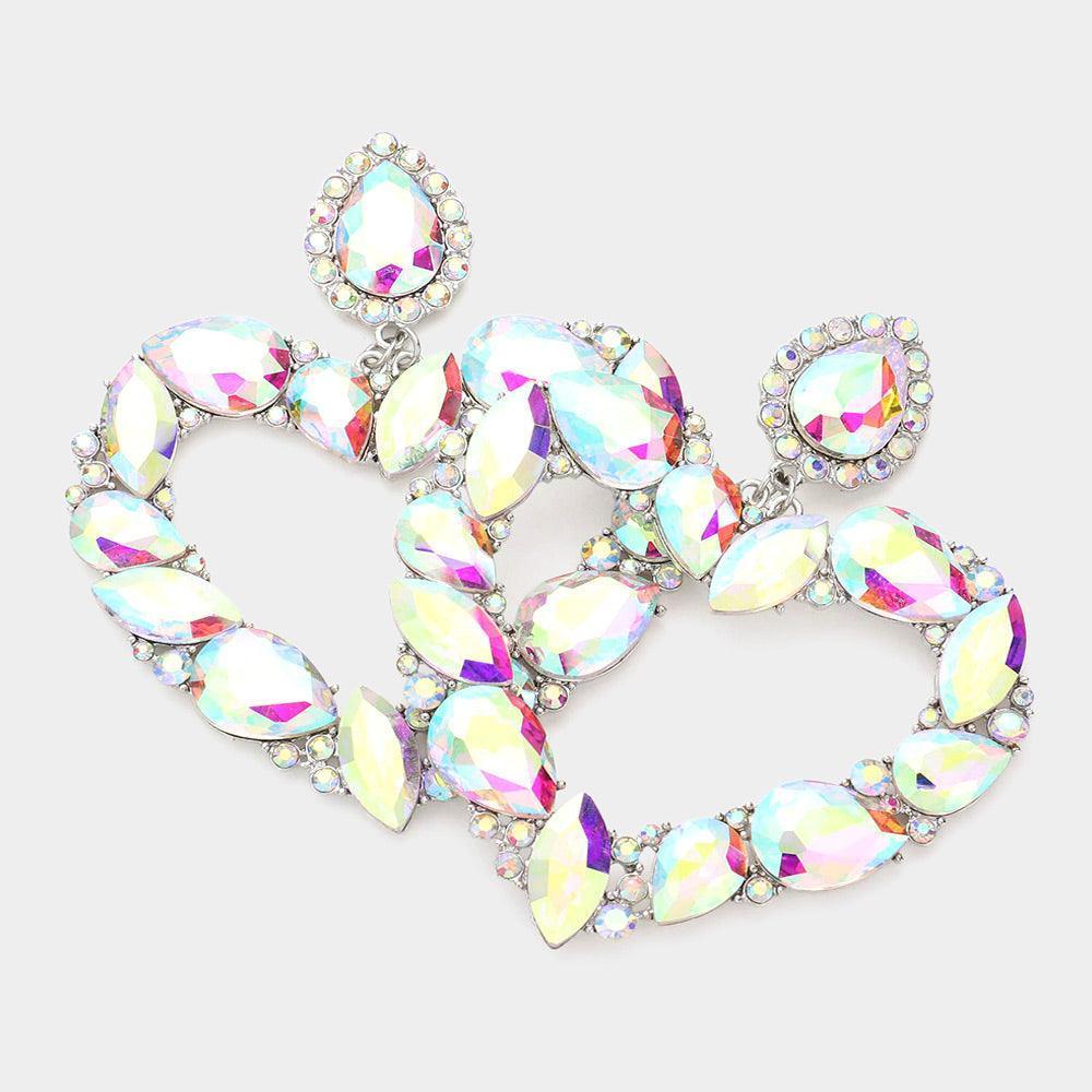 Silver Teardrop Marquise Stone Cluster Open Heart Dangle Evening Earrings - Jewelry Store by Erik Rayo