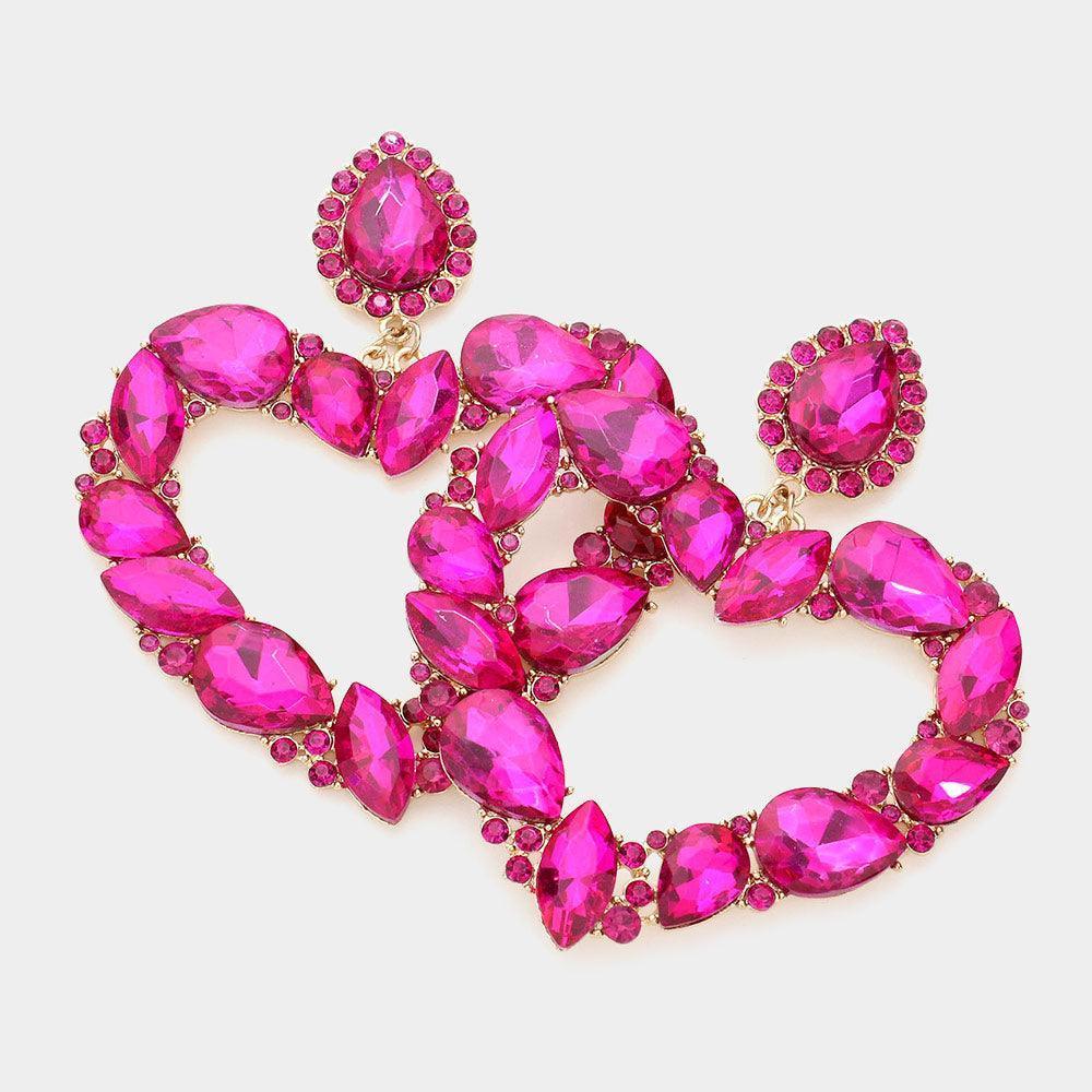 Fuchsia Teardrop Marquise Stone Cluster Open Heart Dangle Evening Earrings - Jewelry Store by Erik Rayo