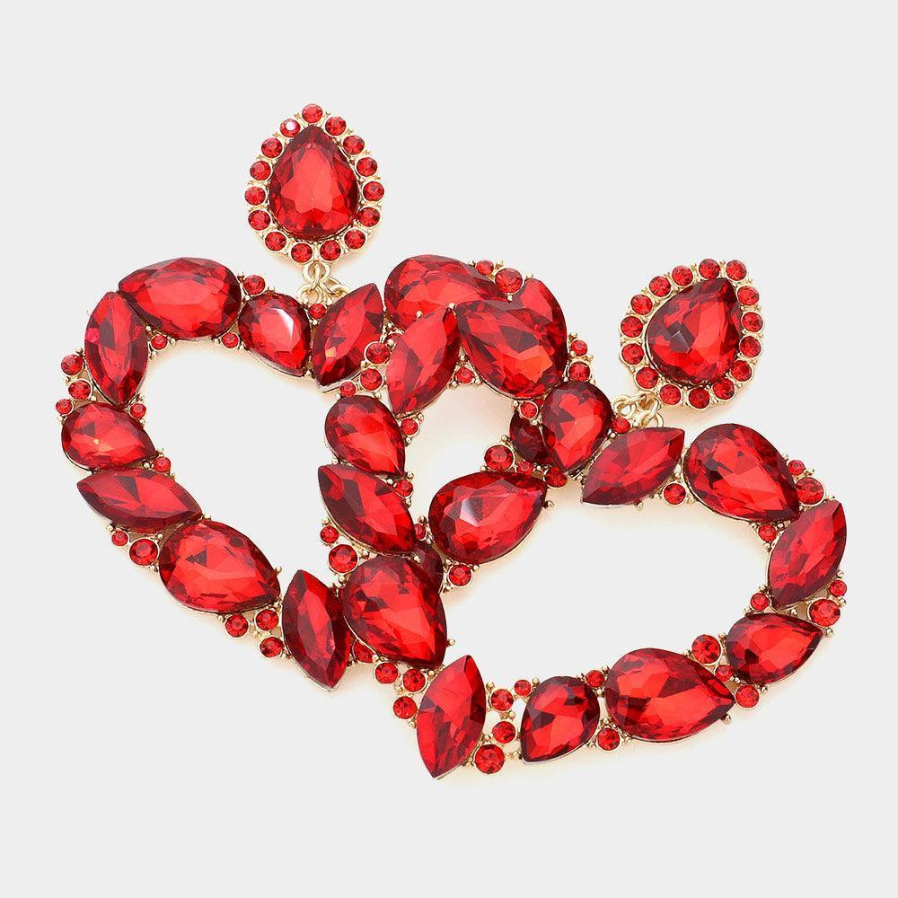 Red Teardrop Marquise Stone Cluster Open Heart Dangle Evening Earrings - Jewelry Store by Erik Rayo