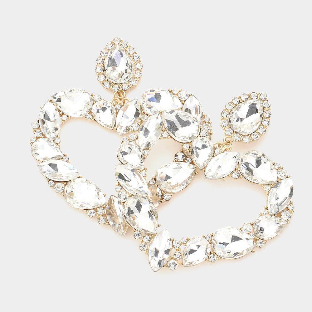Gold Teardrop Marquise Stone Cluster Open Heart Dangle Evening Earrings - Jewelry Store by Erik Rayo