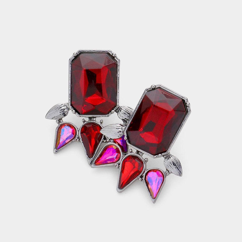 Red Rectangle Teardrop Stone Cluster Evening Earrings - Jewelry Store by Erik Rayo