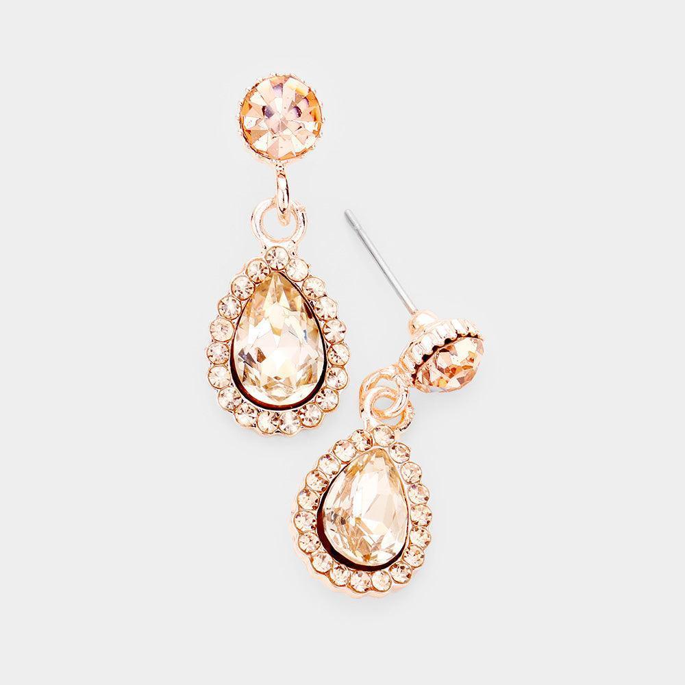 Rose Gold Teardrop Crystal Rhinestone Pave Evening Earrings - Jewelry Store by Erik Rayo