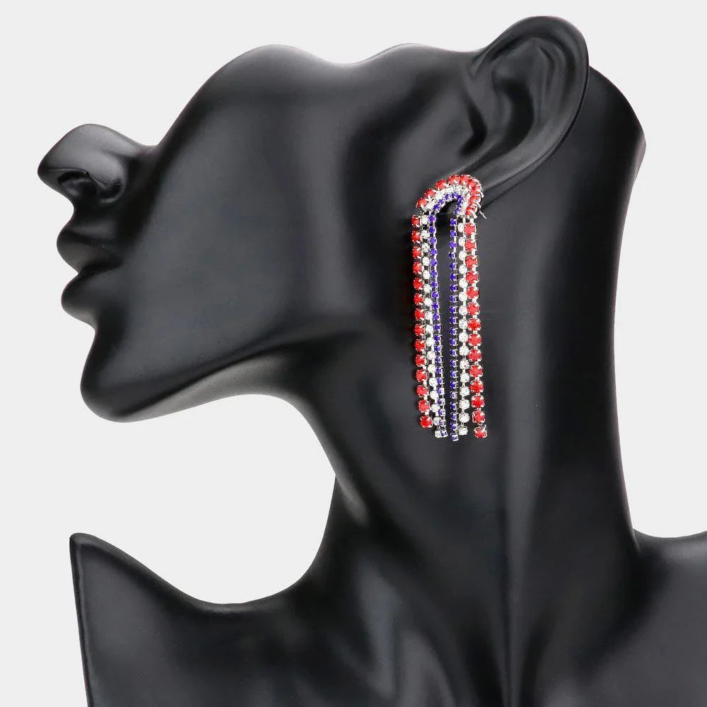 American USA Flag Curved Rhinestone Dangle Evening Earrings - Jewelry Store by Erik Rayo