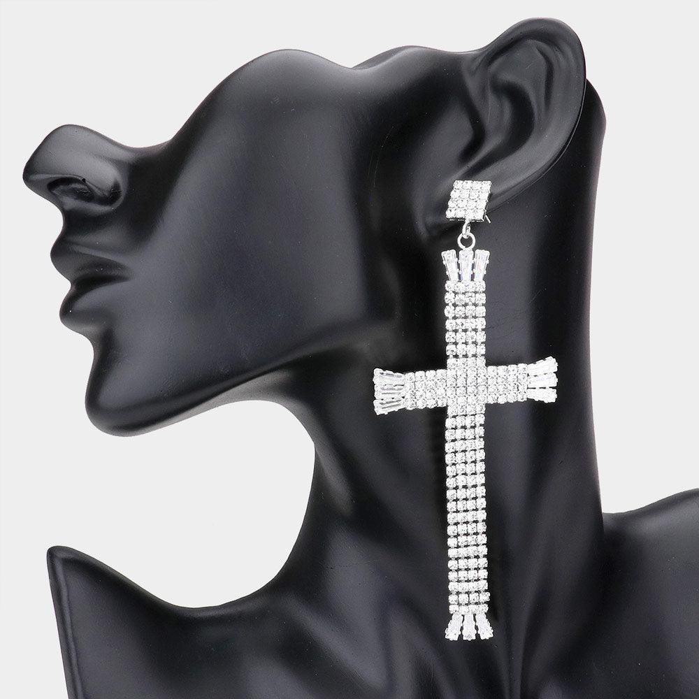 Silver Rhinestone Cross Dangle Evening Earring