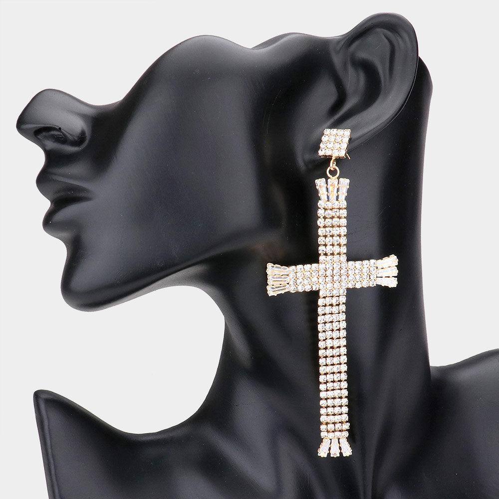 Gold Rhinestone Cross Dangle Evening Earring