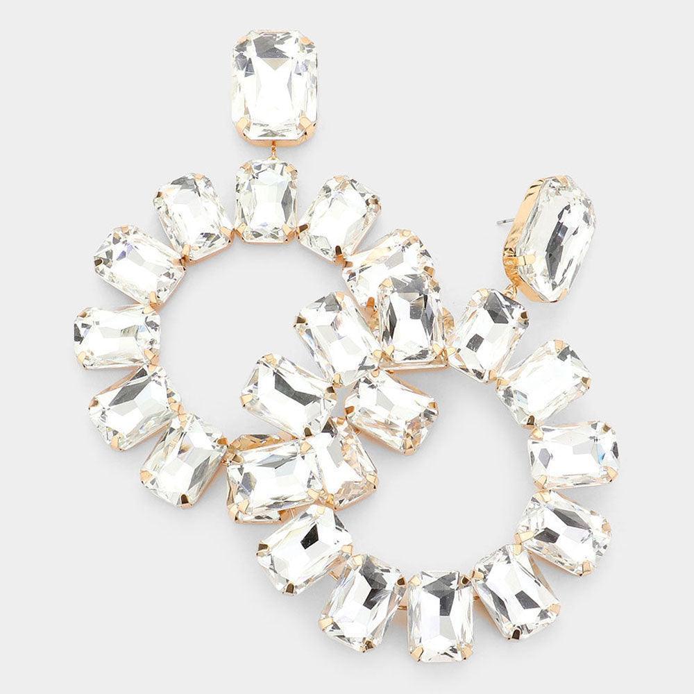 Gold Rectangle Glass Stone Cluster Open Circle Dangle Evening Earrings - Jewelry Store by Erik Rayo