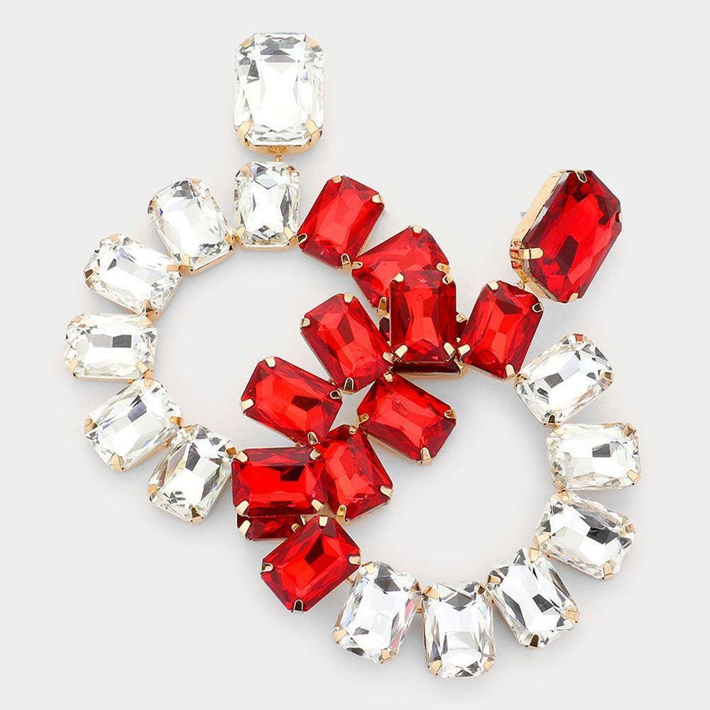 Red Rectangle Glass Stone Cluster Open Circle Dangle Evening Earrings - Jewelry Store by Erik Rayo