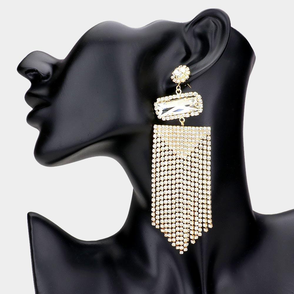 Gold Stone Cluster Accented Rhinestone Pave Fringe Drop Down Evening Earrings - Jewelry Store by Erik Rayo