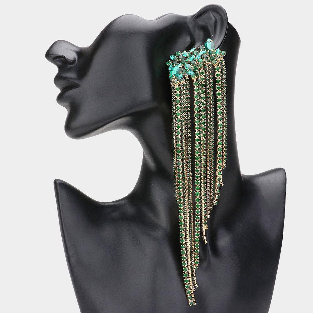 Green Marquise Stone Cluster Embellished Rhinestone Fringe Evening Earrings - Jewelry Store by Erik Rayo