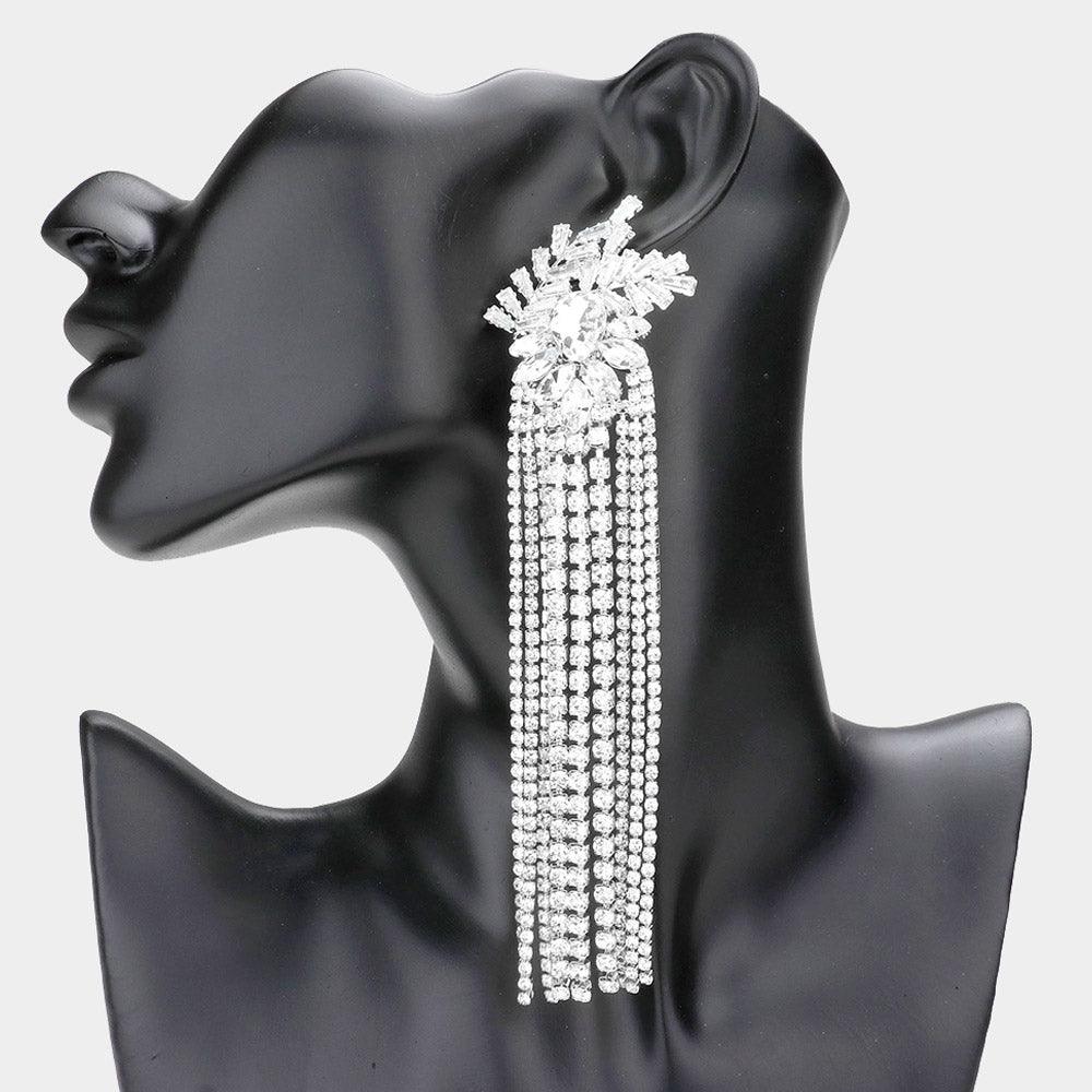 Silver Multi Stone Cluster Rhinestone Fringe Dangle Evening Earrings