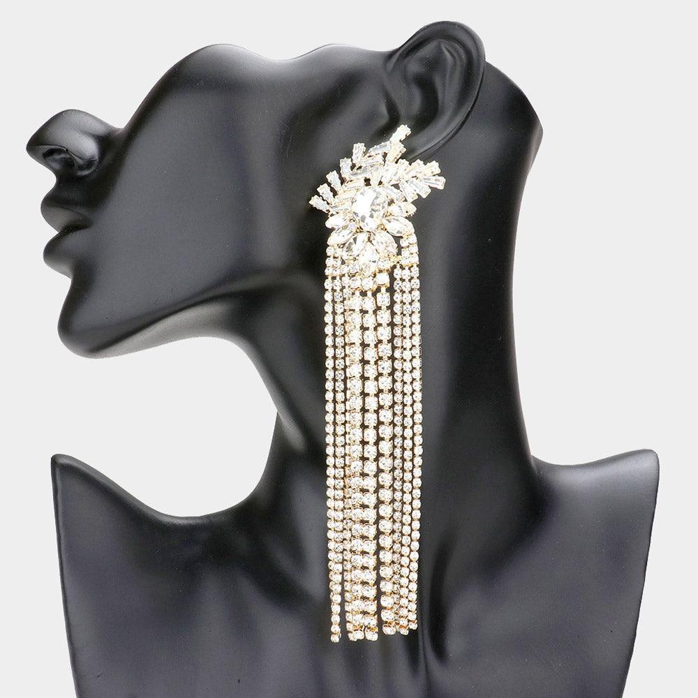 Gold Multi Stone Cluster Rhinestone Fringe Dangle Evening Earrings - Jewelry Store by Erik Rayo