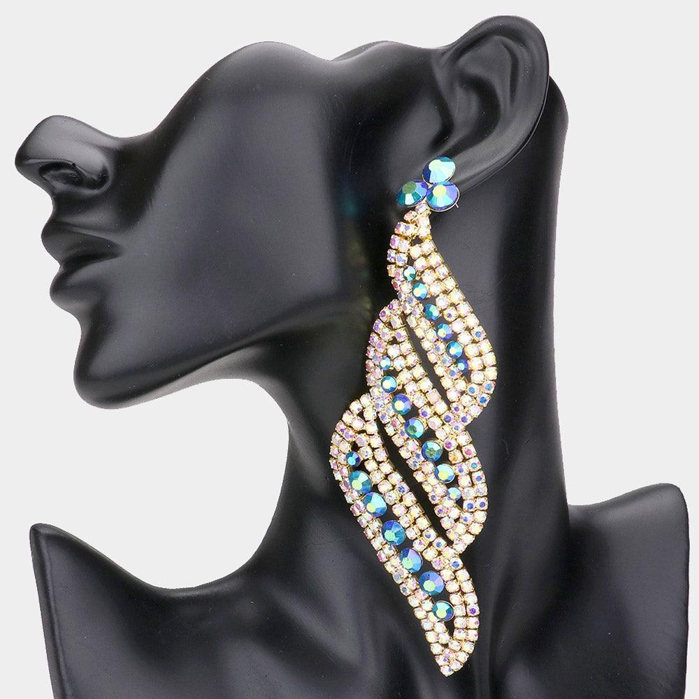 Blue Oversized Pave Crystal Rhinestone Evening Earrings