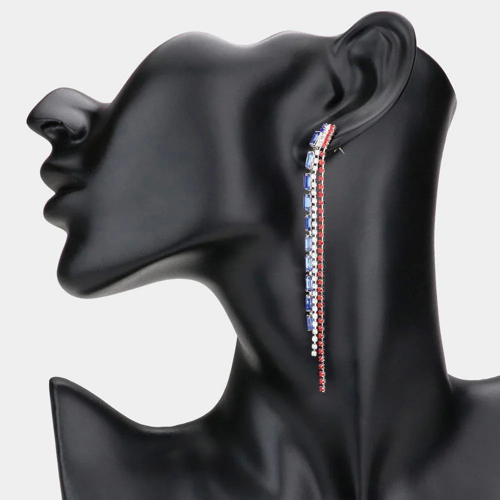 American USA Flag Dropped Rhinestone Dangle Evening Earrings - Jewelry Store by Erik Rayo