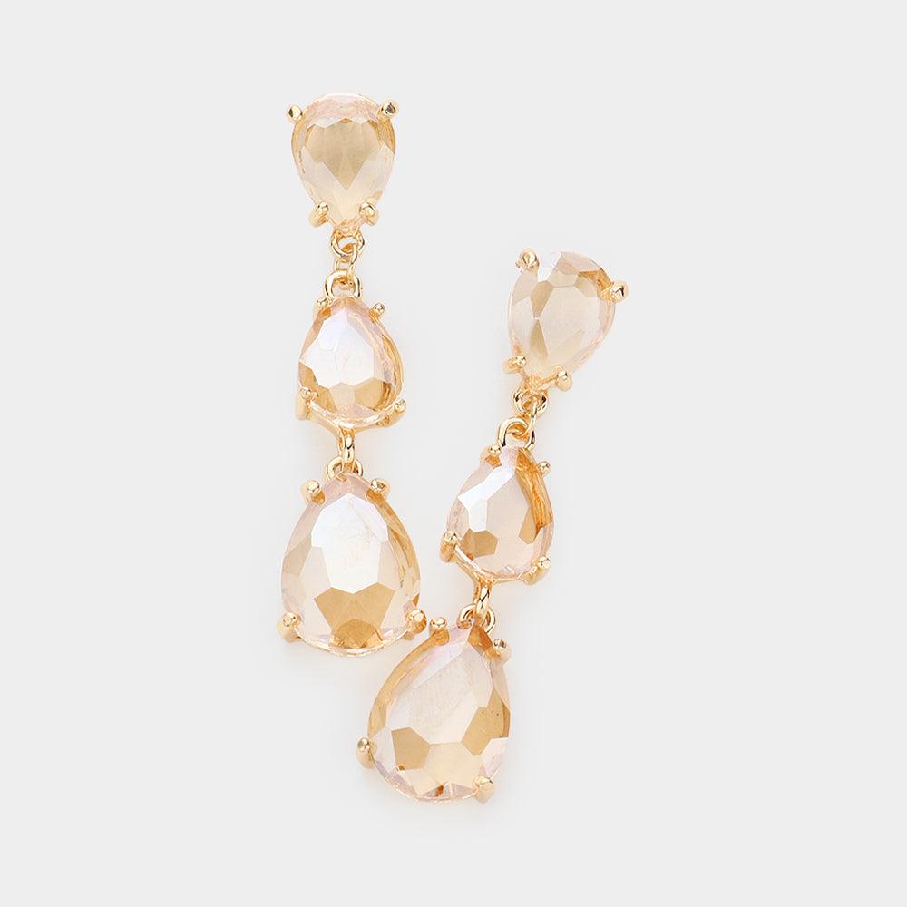 Tan Teardrop Stone Link Dropdown Evening Earrings