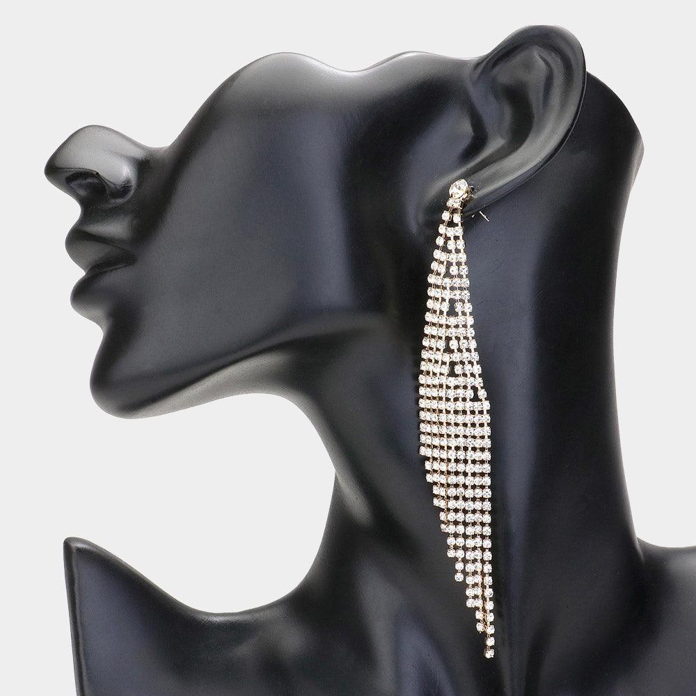 Gold Rhinestone Paved Fringe Evening Earrings
