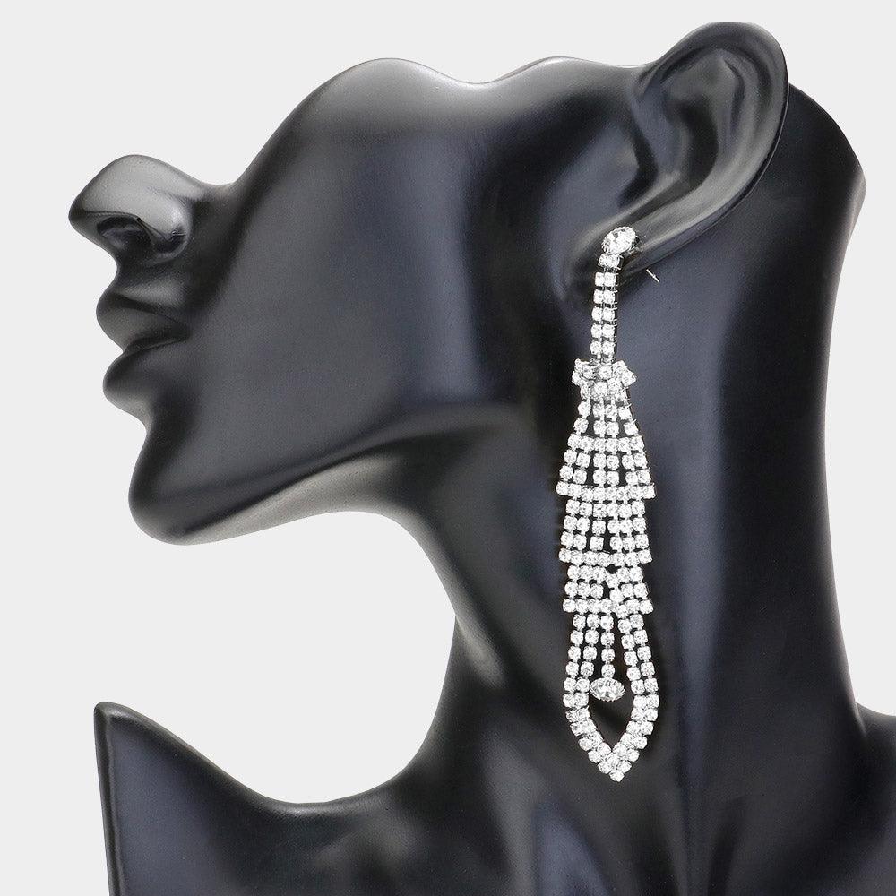 Silver Rhinestone Paved Dropdown Evening Earrings