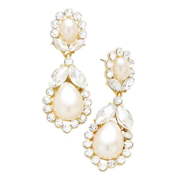 Gold Crystal rhinestone embellished pearl evening earrings