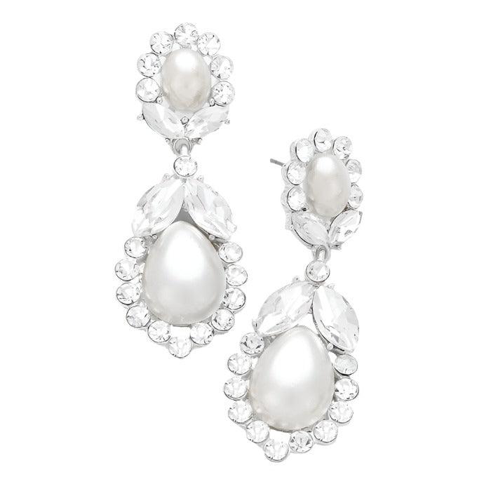 White Crystal rhinestone embellished pearl evening earrings