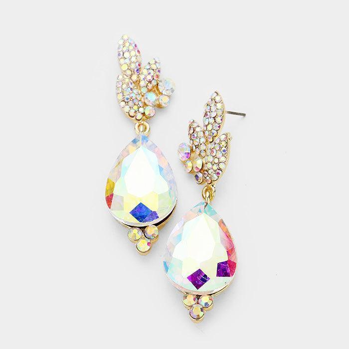 Gold Rhinestone Pave Leaf Crystal Teardrop Evening Earrings - Jewelry Store by Erik Rayo