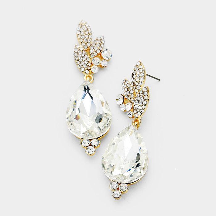 Gold Rhinestone Pave Leaf Crystal Teardrop Evening Earrings - Jewelry Store by Erik Rayo