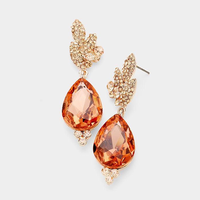 Rose Gold Rhinestone Pave Leaf Crystal Teardrop Evening Earrings - Jewelry Store by Erik Rayo