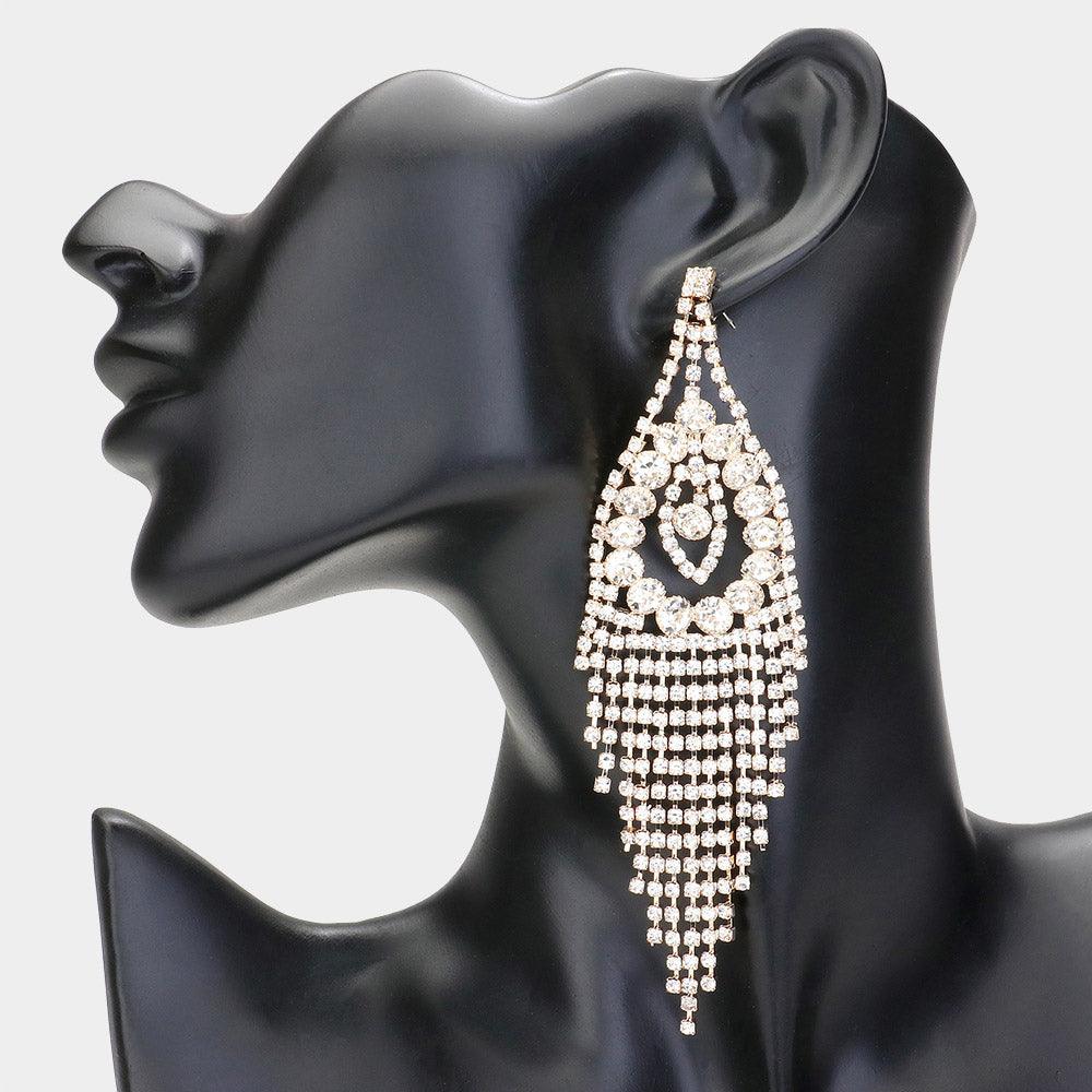 Gold Rhinestone Paved Fringe Evening Earrings