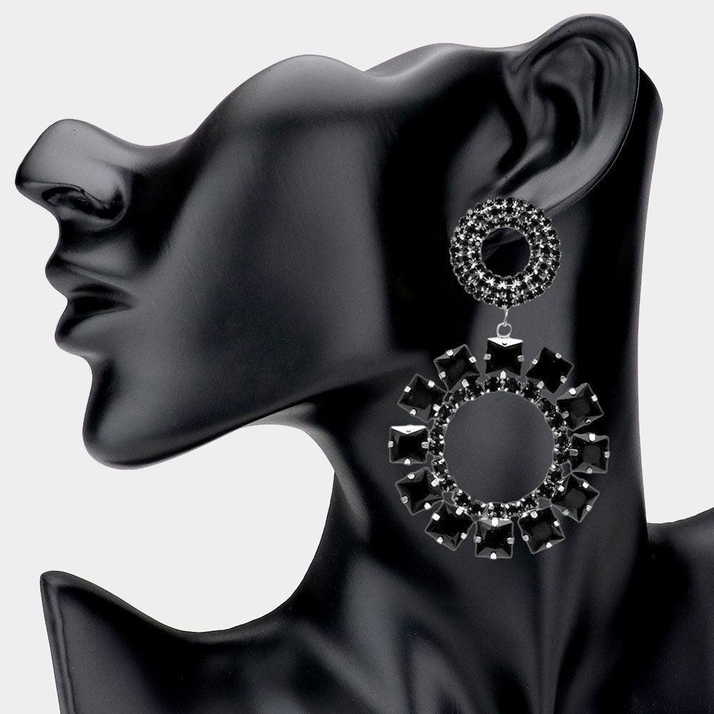 Black Rhinestone Square Stone Cluster Open Circle Dangle Evening Earrings - Jewelry Store by Erik Rayo