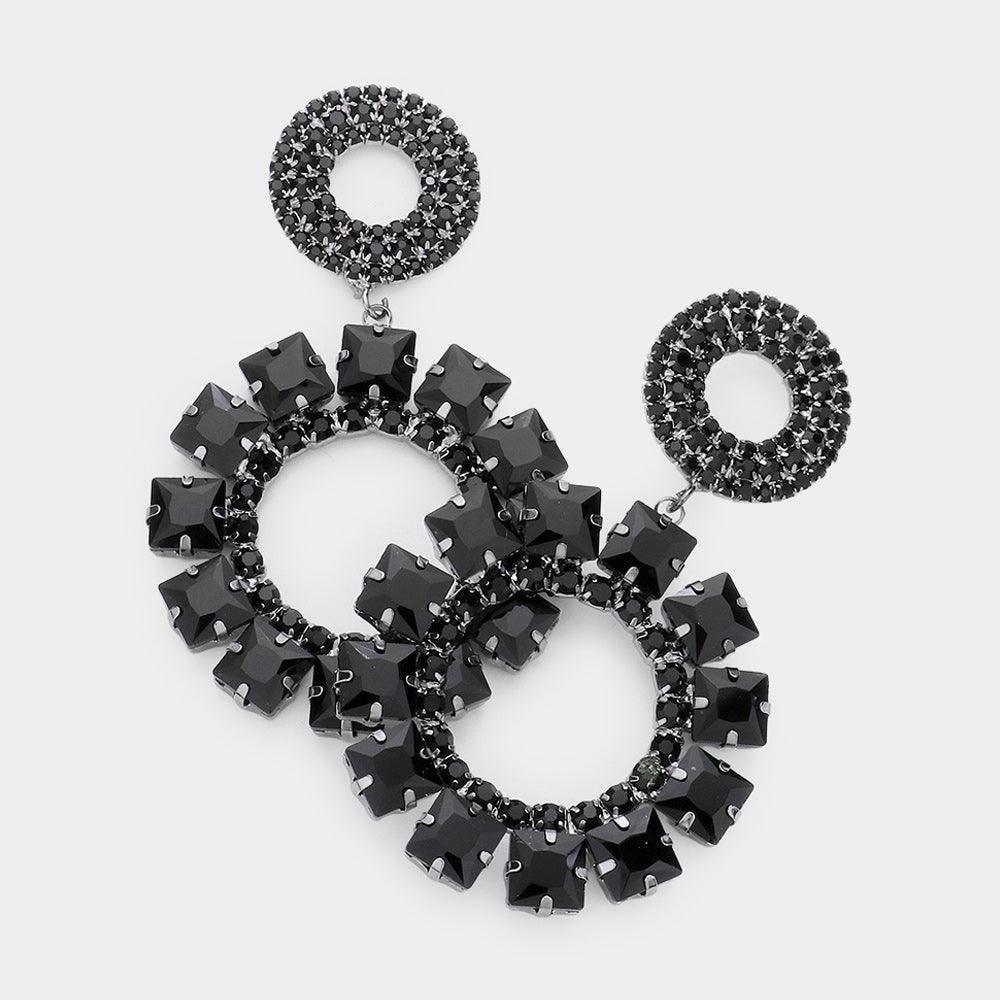 Black Rhinestone Square Stone Cluster Open Circle Dangle Evening Earrings - Jewelry Store by Erik Rayo