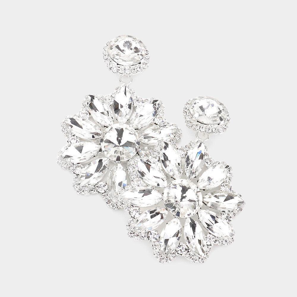 Silver Marquise Stone Cluster Flower Dangle Evening Earrings - Jewelry Store by Erik Rayo