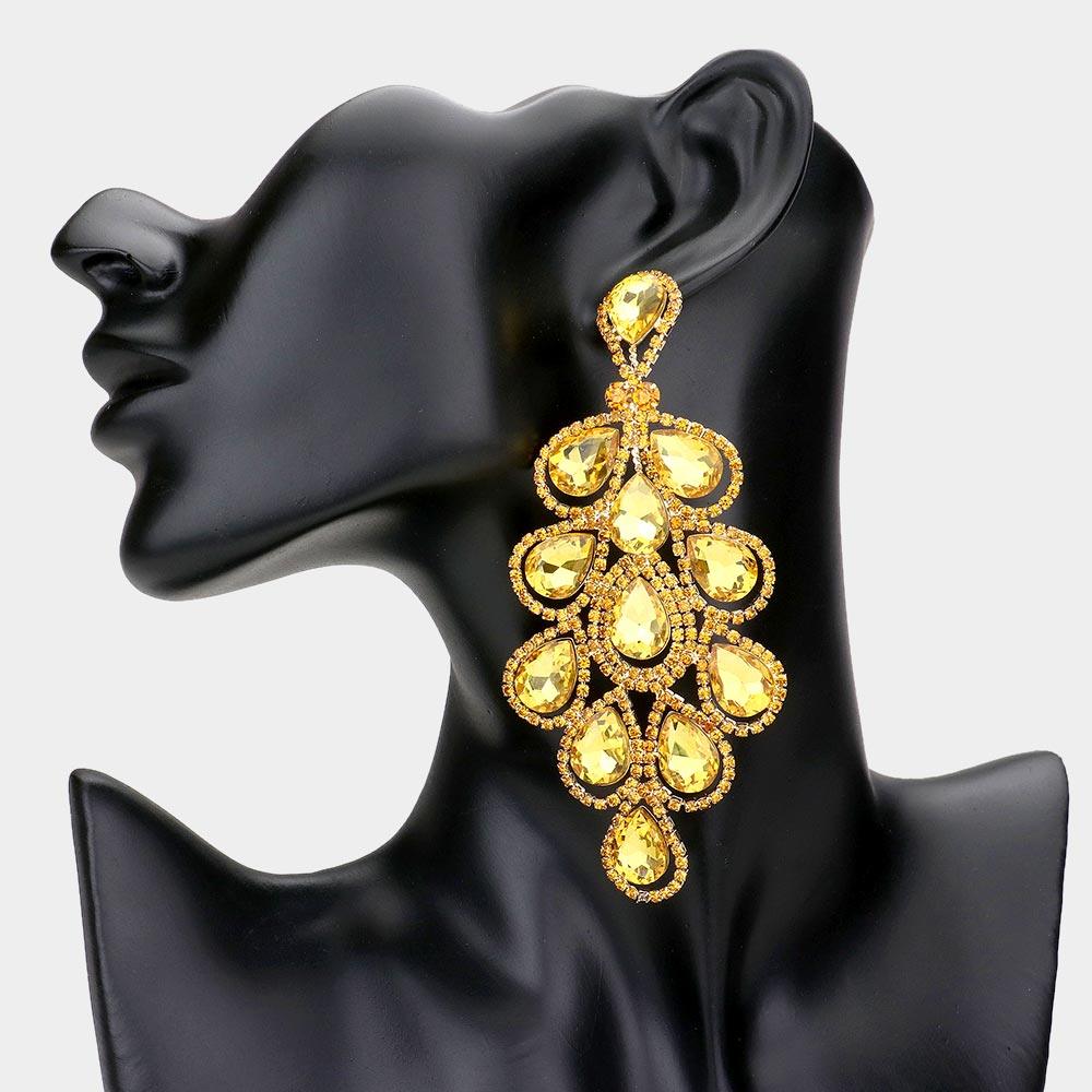 Yellow Oversized Teardrop Stone Embellished Rhinestone Pave Around Dangle Earrings