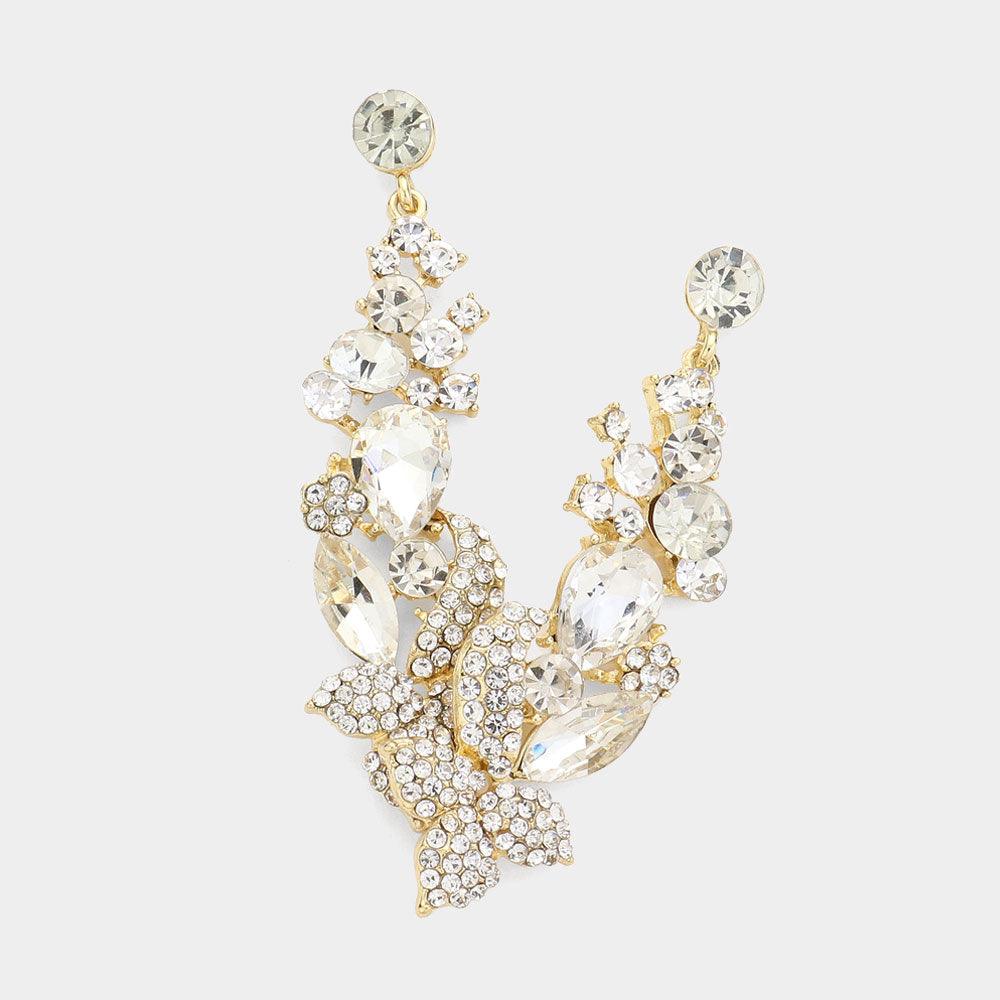 Clear Crystal Teardrop Marquise Flower Drop Evening Earrings