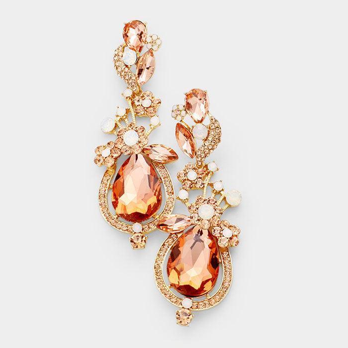Peach Floral Vine Teardrop Crystal Rhinestone Evening Earrings - Jewelry Store by Erik Rayo