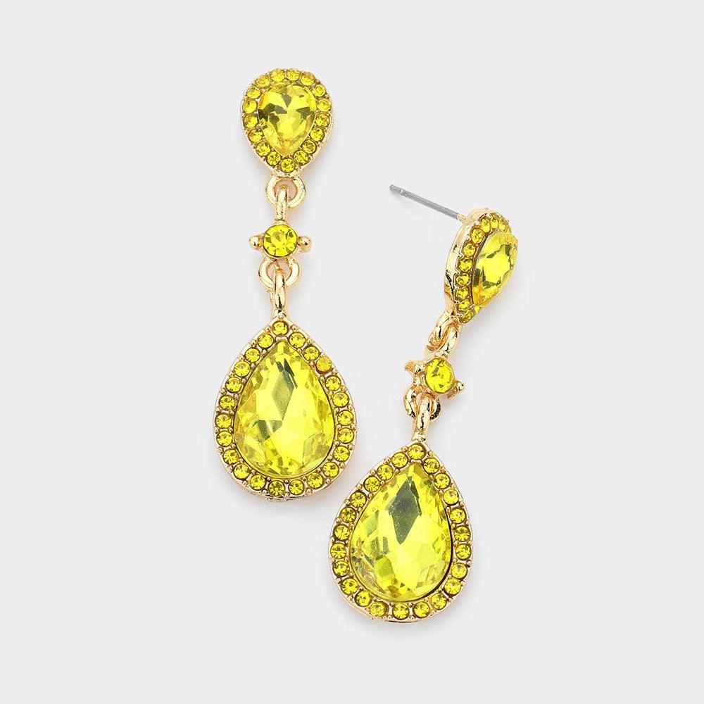 Yellow Double Teardrop Stone Accented Dangle Evening Earrings