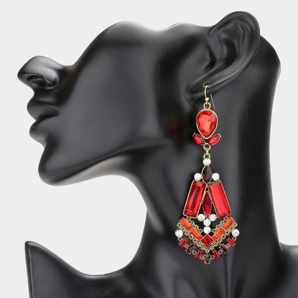 Red Rectangle Crystal Statement Chandelier Earrings