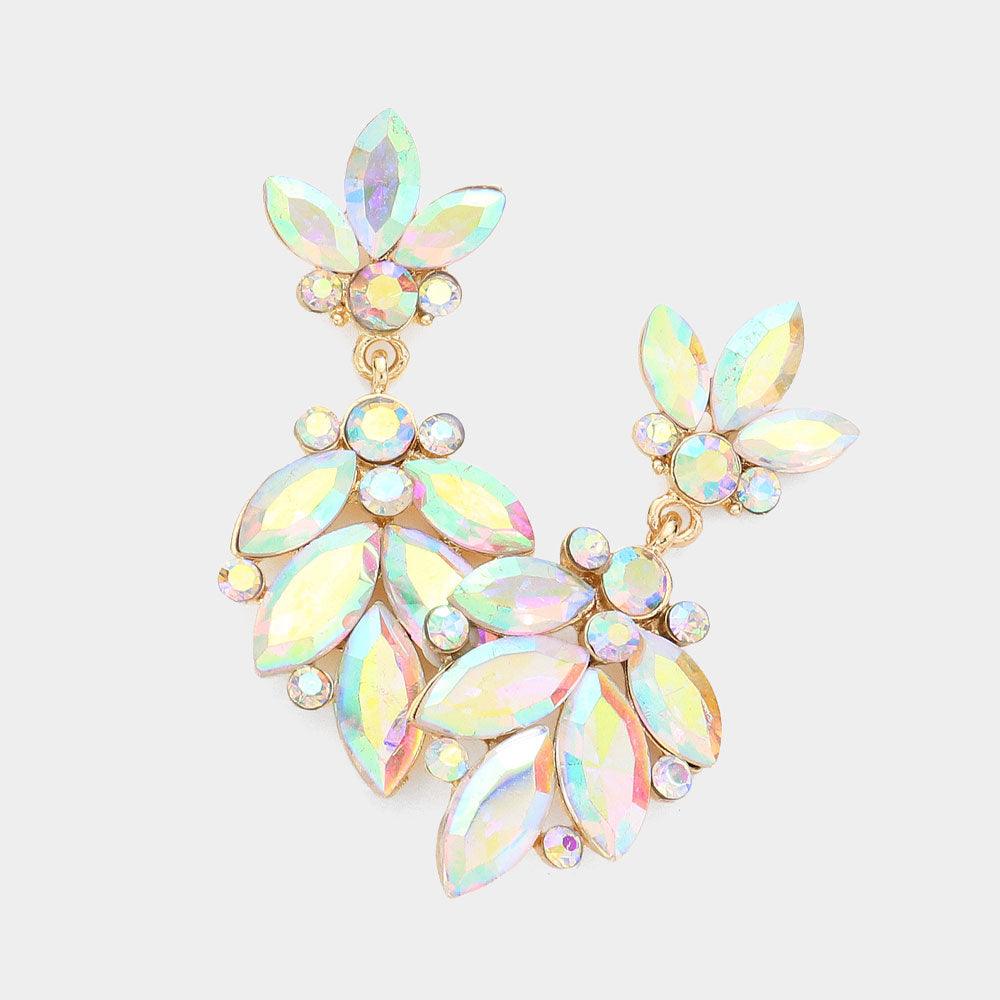 Gold Crystal Marquise Ornate Floral Evening Earrings
