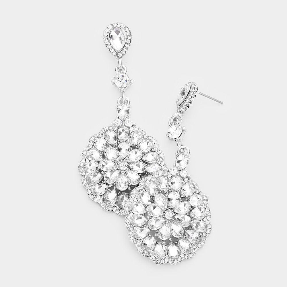 Silver Pave Trimmed Crystal Teardrop Cluster Evening Earrings