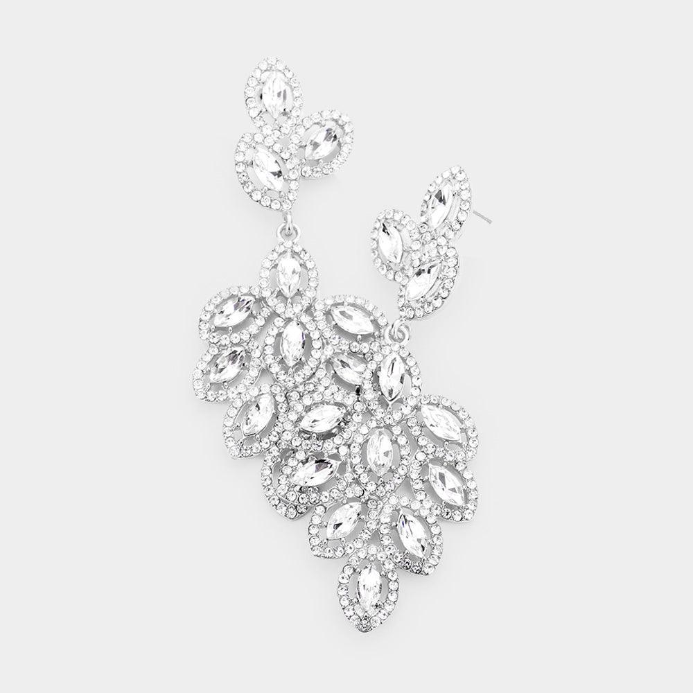 Silver Glass Crystal Marquise Cluster Drop Evening Earrings